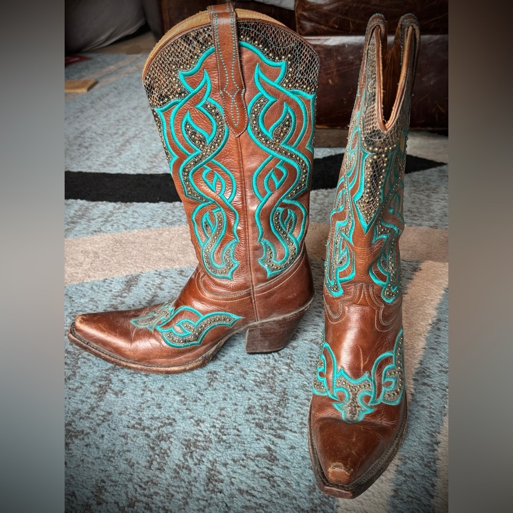Lucchese Brown and Teal Heeled Western Boots - Picture 3 of 11